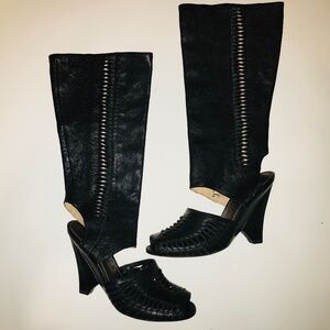 New Sam Edelman Kamie Black Vachetta Black Leather Open Toe Knee High Boots Y2K